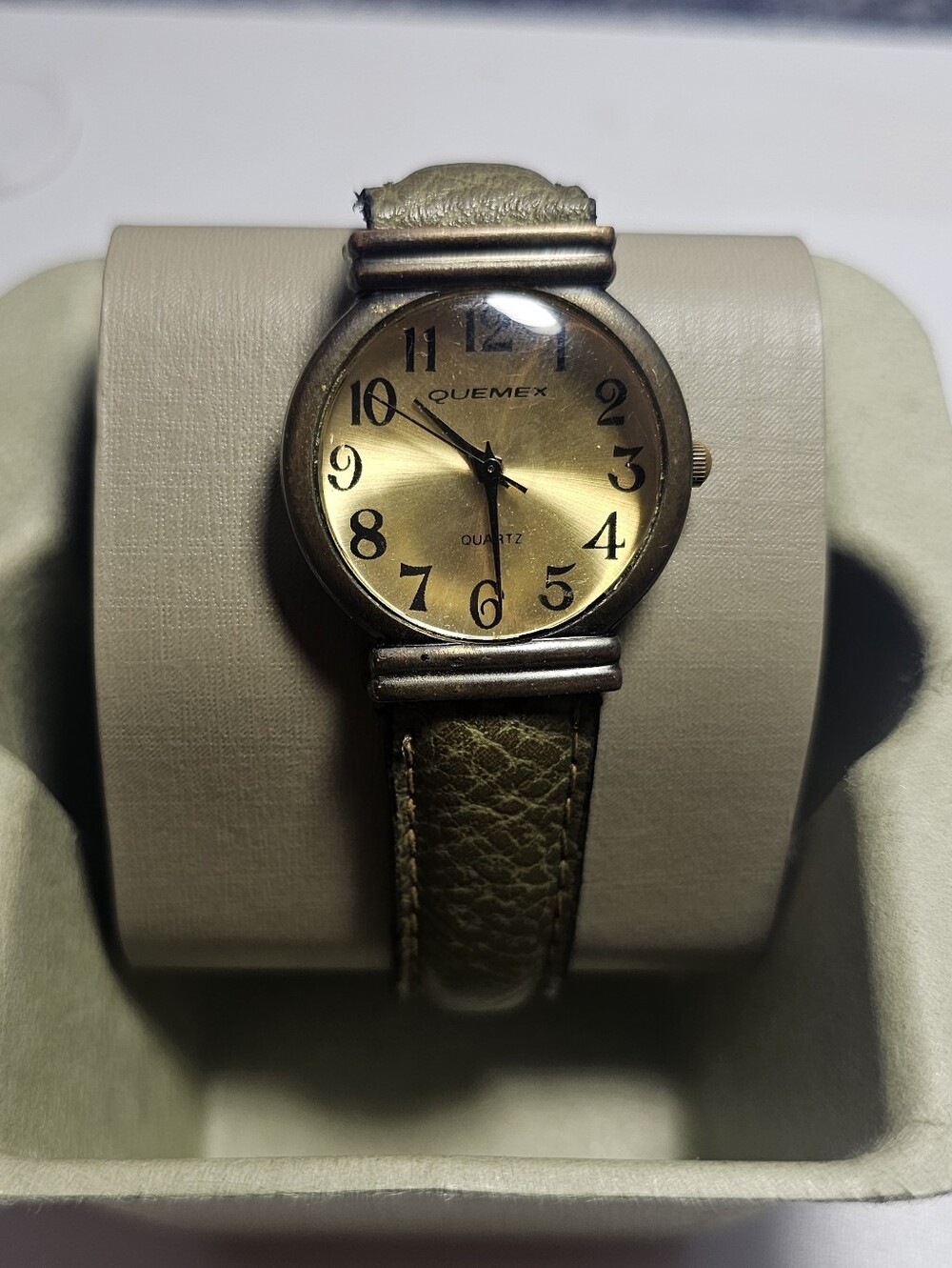 VTG Quemex Gold Dial Watch with Olive Green Leather Strap